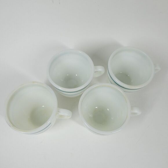 Anchor Hocking Anchorware 4 Teal Blue Stripe Coffee Mugs 910 Cups Vtg Milk Glass - Picture 2 of 14